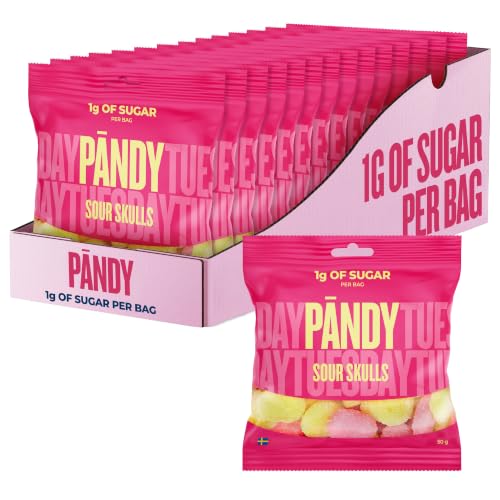 PANDY Candy Sour Skulls Only 1g Sugar & 70 Calories Raspberry & Lemon Sweet & Sour Flavour Gummy Sweets 14×50g Bags