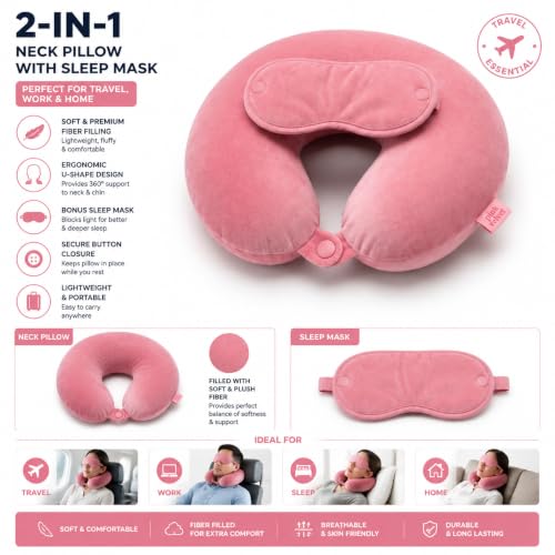 Image of Travel Neck Pillow for Adults, Fiber Filled U-Shaped Neck Support Pillow with Button Closure, Soft Plush Neck Cushion for Airplane, Car, Office & Travel (Pink)