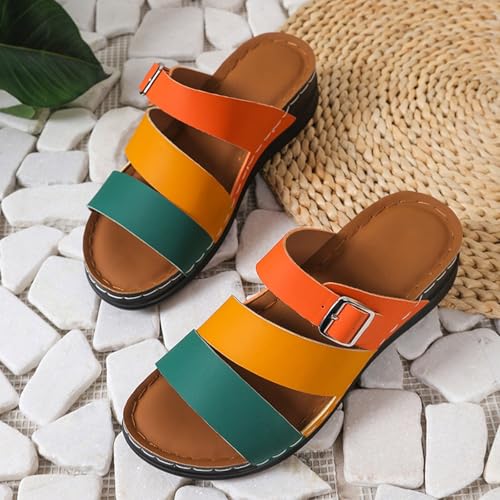 Women's Colorblock Slides Sandal Summer Low Wedge Slip on Walking Beach Slippers Comfort Sandals 20252