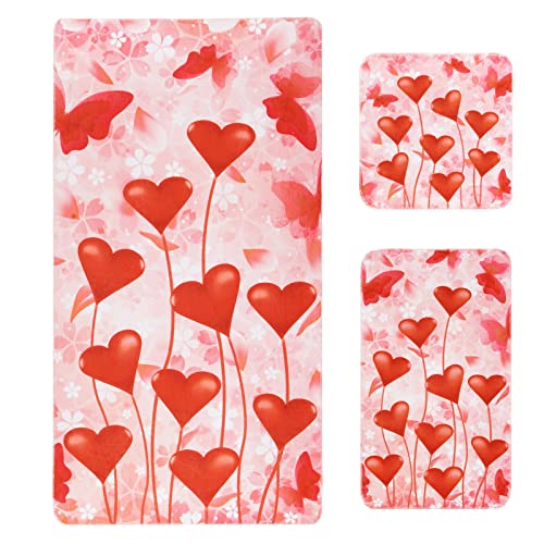 3Pcs Valentine's Day Beach Towel Set Include Beach Towel, Hand Towel And Wash Towel, Romantic Love Heart Bath Towel Set For Couples, Women, Men, Soft Towel Set For Valentine's Day Bathroom Home Decor #TOP6