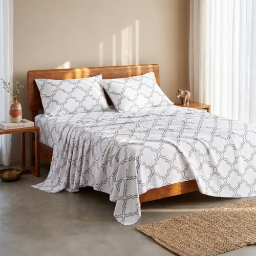 Image of LANE LINEN 100% Organic Cotton Bedsheet for Double Queen - Trellis Silver | GOTS Certified, Percale Weave, 90x100 inches, Soft & Breathable, Machine Washable, Includes 2 Pillow Covers
