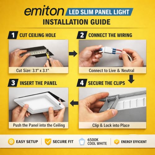 Image of EMITON LED Slim Panel Light | 6W Square Ceiling Panel Lamp | Cool White 6500K | 450Lm LED Output | Aluminium Body | Indoor False Ceiling Light for Home Office Kitchen Bathroom | White