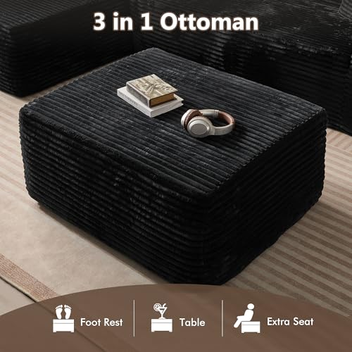 Image of HOOOWOOO Cloud Sectional Couch for Living Room,Modular Sectional Sofa No Assembly,Matching Plush Corduroy Ottoman(Black)