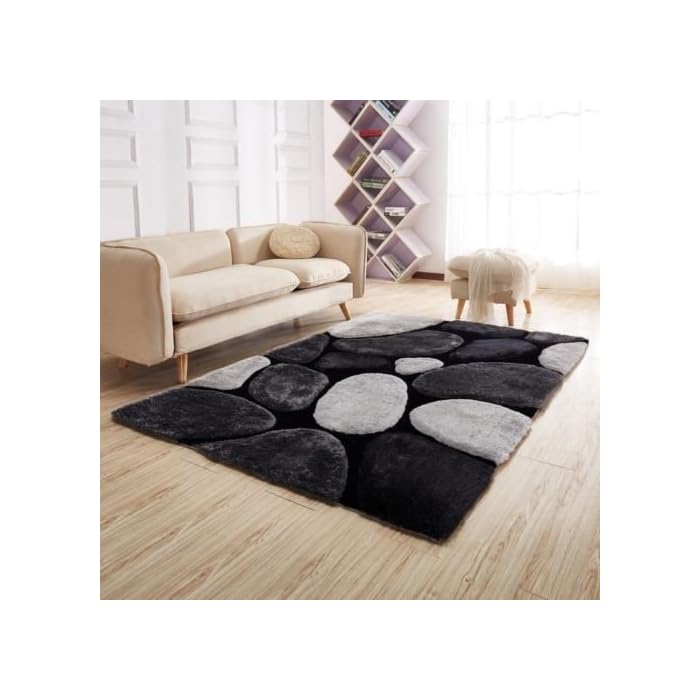 Buy NEW BLACK SILVER GREY PEBBLES DESIGN LUXURIOUS THICK PILE RUG MODERN SOFT SILKY CONTEMPORARY