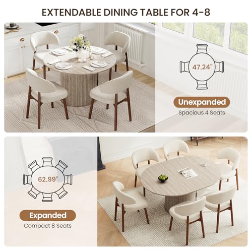 Image of MALOL 47 inch-63 inch Extendable Round to Oval Dining Room Table Chairs Set for 4-8, Modern Wooden Kitchen Table and Chairs with Hidden Storage and Fluted Design for Dining Room /Small Space(White and Beige)