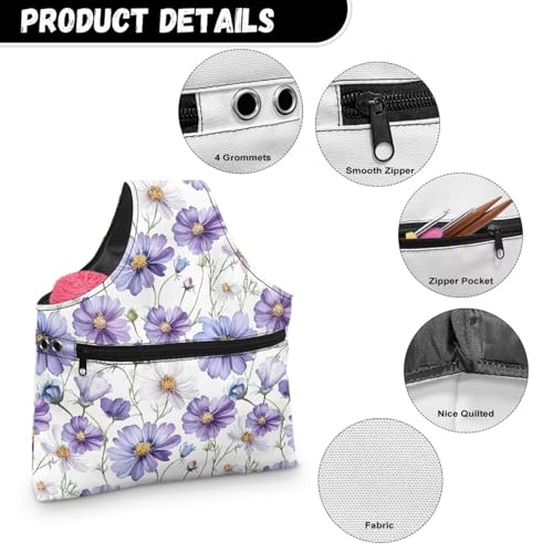 Image of KUIFORTI Purple Flower Knitting Tote Bag Yarn Bag Lightweight for Crocheting on The Go, Travel Project Wrist Storage for Knitting Needles, Crochet Supplies Portable