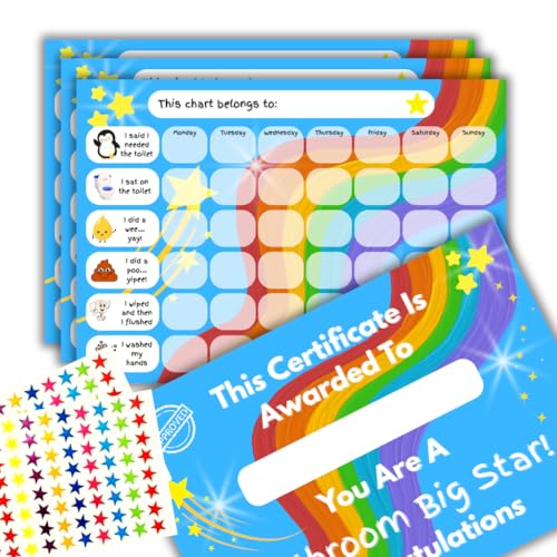 Toilet Training Reward Chart Set 3 Weeks Toilet or Potty Training Charts with 160 Stickers and Certificate Rainbow Theme 350gsm Card A4 Size (3 Chart Set Certificate and 160 Star Stickers)
