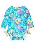 RuffleButts Baby Girls UPF 50+ Sun Protection Floral Printed Long Sleeve One Piece Rash Guard Swimsuit with Zipper - Neon Tiki Vibes, 0-3m