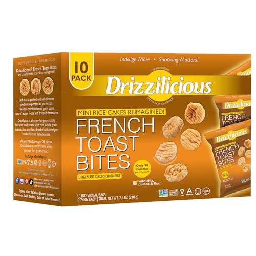 Drizzilicious Mini Rice Cakes French Toast - Rice Crisps, Healthy Snack for Adults and Kids, Flavored Rice Cakes, Vegan, Gluten Free, Allergen Free, Only 90 Calories Per Bag - .74 oz (Pack of 10)