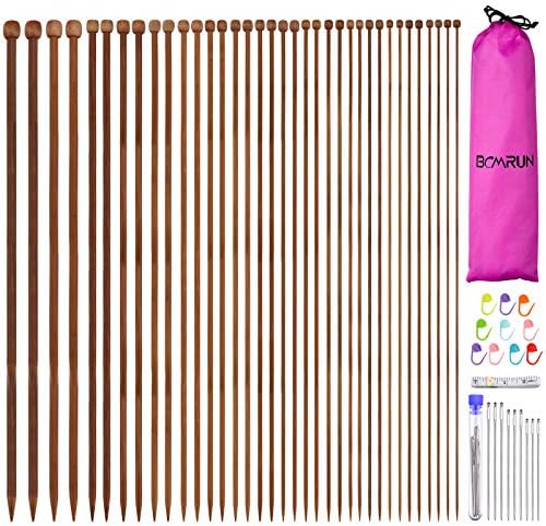 BCMRUN 36Pcs/18 Pairs Bamboo Knitting Needles Set, Straight Single Pointed Carbonized Knitting Needles with Full Set Accessories,18 Size from 2.0mm-10.0mm,13.8 Inches Length for Handmade DIY Knitting
