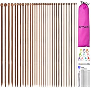 BCMRUN 36Pcs/18 Pairs Bamboo Knitting Needles Set, Straight Single Pointed Carbonized Knitting Needles with Full Set Accessories,18 Size from 2.0mm-10.0mm,13.8 Inches Length for Handmade DIY Knitting