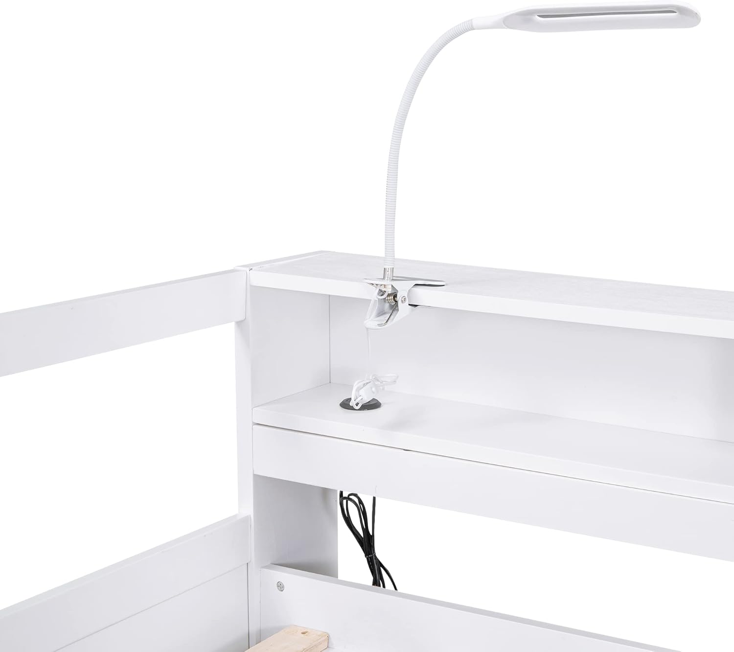 Close-up of the portable LED light clipped to the daybed