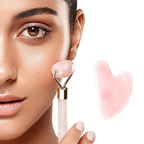 Jade Roller & Gua Sha Set, Rose Quartz Facial Beauty Roller Product Skin Care Tools, Face Massager Roller for Skin, Eyes,Neck- Authentic, Durable, Noiseless Design