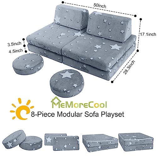 MeMoreCool Kids Couch Glow Sofa Modular Toddler Couch for Playroom, 8-Piece Fold Out Baby Couch Play Set, Children Convertible Sofa Foam Couch
