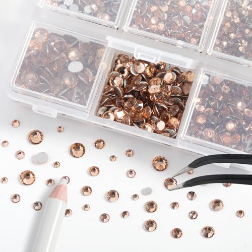 Image of Beadsland 4300pcs Flatback Rhinestones, Champagne Rhinestone Nail Gems Round Crystal Rhinestones for Crafts,Mixed 6 Sizes with Picking Tweezers and Wax Pencil Kit, SS6-SS20, Light Peach