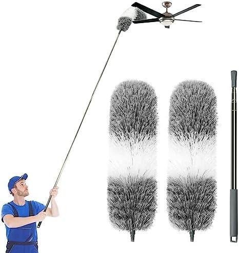 Microfiber Feather Dusters for Cleaning Supplies, Extendable Duster with 110″ Extension Pole & 2pcs Replaceable Bendable Head, Cleaner Duster Tool for Ceiling Fan Furniture Cars Home Kitchen Gadgets