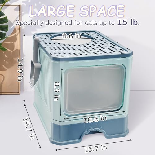 Fhiny Foldable Cat Litter Box with Lid, Top Entry Kitten Litter Box with Litter Scoop Enclosed Cat Potty Covered Cat Litter Toilet Drawer Type Anti-Splashing Kitty Pan Easy Cleaning (Green)