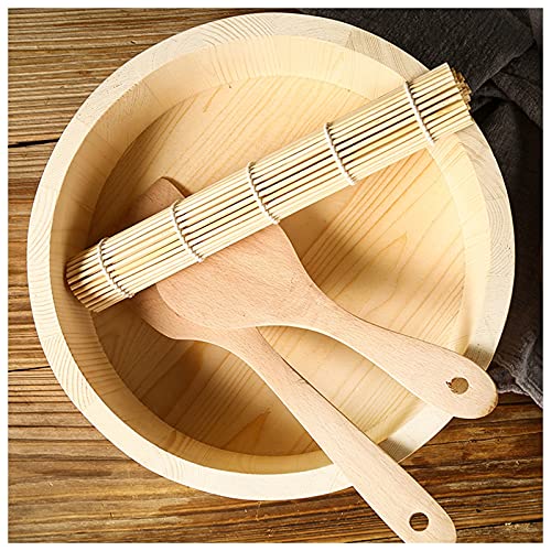 AIZYR Wooden Sushi Rice Bowl with Bamboo Sushi Mats and Bamboo Rice Paddle, Hangiri Sushi Oke Sushi Rice Mixing Tub for Restaurant Home Kitchen,30 * 7.5cm