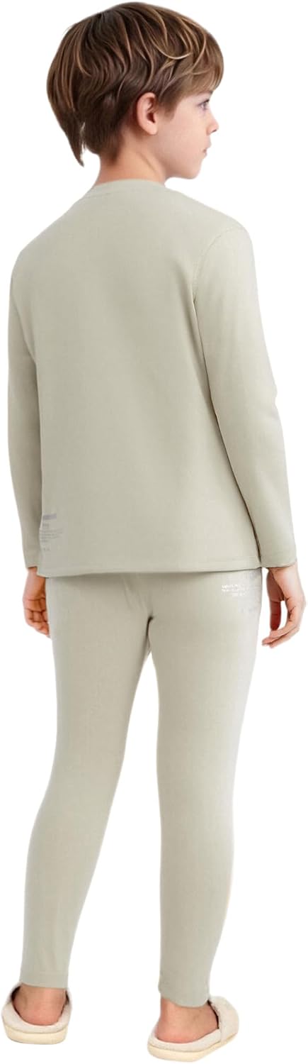 Kids Girls Boys 2 Piece Thermal Underwear Set Dance Sports Base Layer Outfit Pullover Tops Pants Set Khaki 9-10 Years