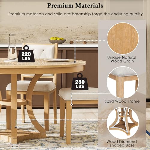 Image of Bellemave Extendable Dining Table Set for 4, 5-Piece Retro Round Table Set with 4 Upholstered Chairs, Round Table with a 16 inch W Leaf, Oval Kitchen Table Set with Extendable Table (Natural)