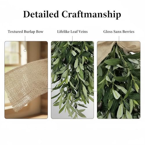 2026 Spring Olive Branch Teardrop Swag 24 Inch, Extra Full & Thick Faux Greenery with Upgraded Ribbon & Textured Leaves, Sturdy Farmhouse Hanging Wreath for Door, Wedding Arch, Kitchen (Green 1Pcs) - Image 6