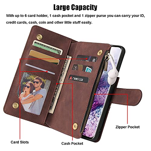 QLTYPRI Wallet Case for Samsung Galaxy S25 Case, Premium PU Leather Zipper Pocket Case with Card Holder Slots Magnetic Closure Kickstand Wrist Strap Shockproof Flip Folio Case - Coffee by QLTYPRI - Image 2