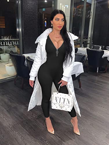 Xxtaxn Women's Sexy Bodycon Long Sleeve V Neck Zipper Jumpsuit Rompers Black #TOP4