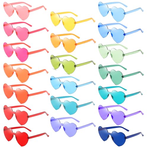 SUNOVELTIES 20 Pack Heart Rimless Sunglasses, Colored Party Glasses Bulk One Piece Transparent Fun sunglasses for Adult