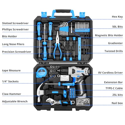 Tool Kit: DEKO Drill Set with Cordless Drill, Tool Kit Set Box, DIY Hand Tools for Men and Home, with 8V Electric Drills Blue,126 Pieces - Image 2
