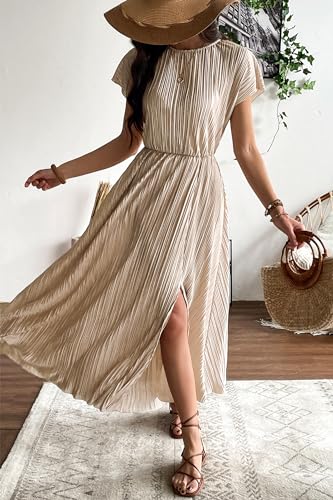 Image of CCTOO Womens Summer Maxi Dresses: Casual Short Sleeve Crewneck Slit Sundress Ruffle Pleated Long Flowy Party Cocktail Dress