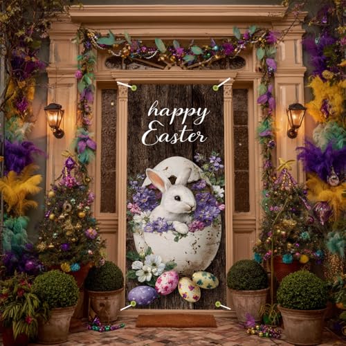 Image of Happy Easter Door Cover Rustic Wood Bunny Banner Vintage Eggs Spring Front Door Decorations Home Party Outdoor Decor 35.4x71 Inch