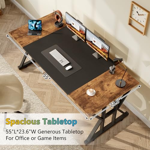 Image of 55 inch Large Computer Desk with Thickened Frame for Home Office, Living Room | Modern Simple Executive Desk, Larger Gaming Desk with X-Shaped ReInchforcement, Rustic Brown /Black