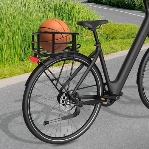 Fahrradkorb Hinten 34x30x15cm Schwarz mit Cargo Netz Stabiler Gepäckträgerkorb aus Eisen, 16 Befestigungslöcher, 15kg Tragfähigkeit, Hinterradkorb für MTB, Rennrad & Einkaufstaschen