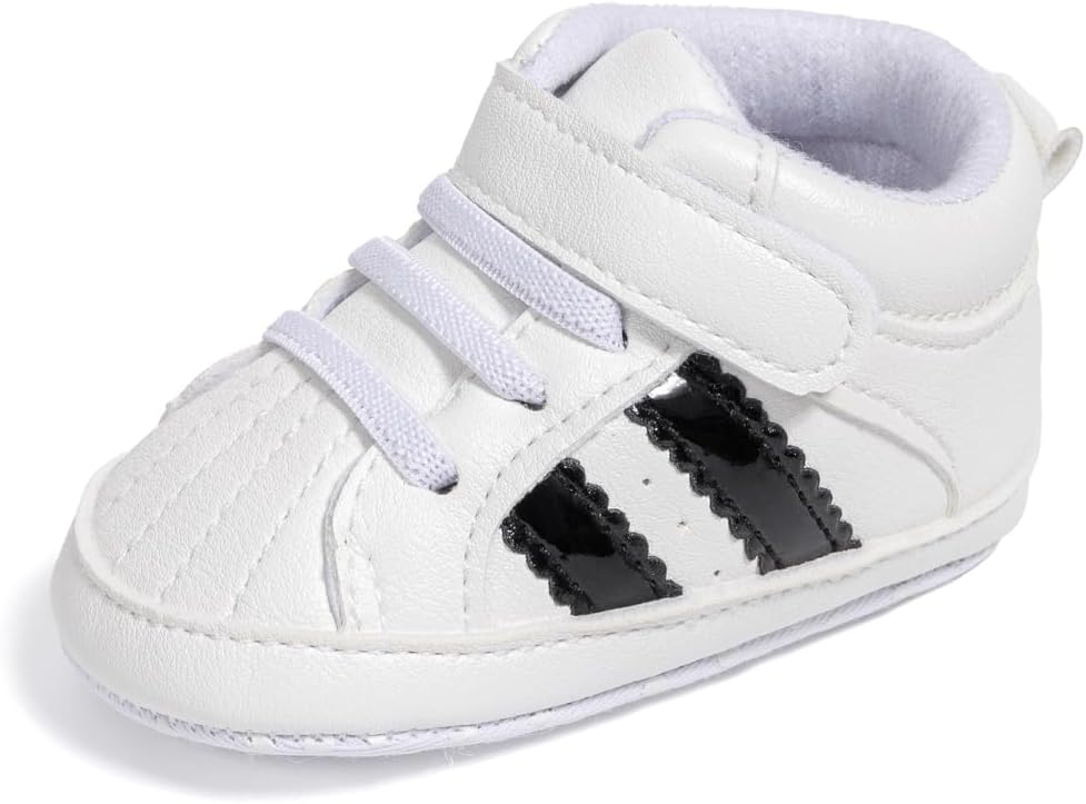 ISINSER Unisex Baby Premium PU Leather Sneaker Soft Non-Slip Sole Toddler Newborn Stripe Crib House Shoes