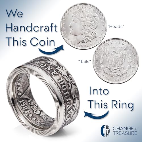 CHANGE TO TREASURE Morgan Silver Dollar Coin Ring – Handmade in USA from 1921 US 90% Silver – Men’s & Women’s Coin Jewelry, Sizes 7–17 (Patina, 12.5)
