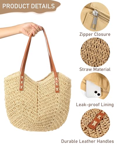 Image of Beach Bags for Women - Straw Bag with Zipper, Soft Woven beach bag, Casual Straw Shoulder Bag for Daily Use