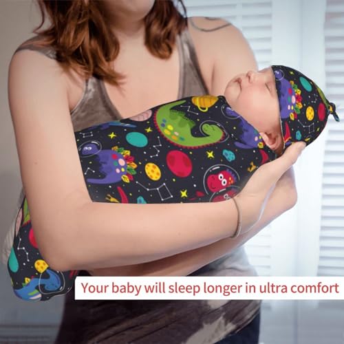 Image of Newborn Swaddle Blanket Dinosaur in Space Baby Sleep Sack with Beanie Set Soft Stretch Adjustable Wraps Receiving Blankets for Infant Boy Girl