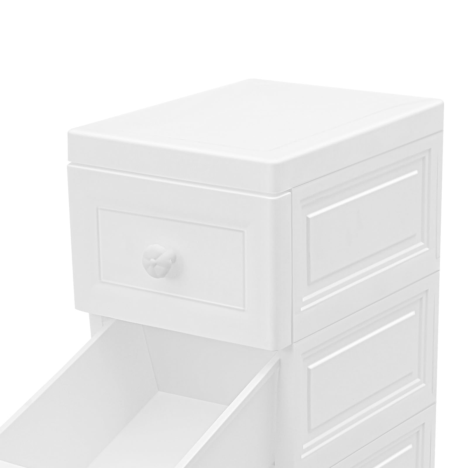Cassettiera con ruote, 5 cassetti, armadio alto e stretto, mobile multifunzionale per bagno e camera da letto, ufficio, camera dei bambini, colore: bianco
