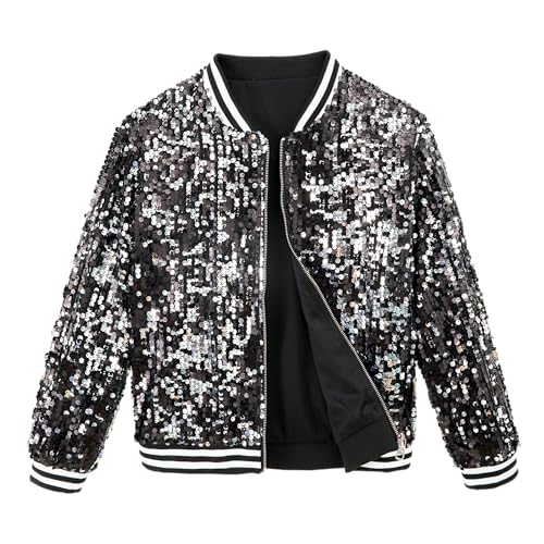 LOLANTA Blouson Bombardier à Poches Zippées à Paillettes pour Filles Veste de Baseball à...