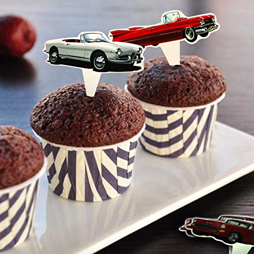 Classic Cars 24 Pcs Cupcake Toppers, 1950'S Convertible Vintage Car Theme Party Supplies Favors,Cake Picks For Birthday Anniversary Wedding Engagement Party Decorations #TOP7