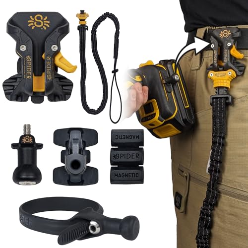 Spider Pro Tool Holster + Fall Prevention Tool Tether + 1 Pro Grip + 1 Drill Pin + 1 Adhesive Tab - Upgraded Belt Mounted Self Locking Holder System for Any Device