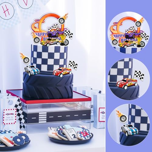 MEMOVAN Race Car Birthday Cake Decoration 24PCS Racing Car Cake Toppers Checkered Flag Cars Cake Cupcake Decorations for Man Boy Kid Racing Cars Theme Birthday Supplies Party Favors