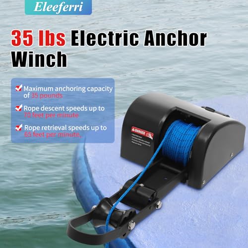 Eleeferri Electric Boat Anchor Winch Kit 12V Saltwater Marine Anchor Windlass System with 100ft Anchor Rope Remote Control Heavy Duty Towing Winches for 24ft Fishing Boat Pontoon Boat (Black, 35 LBS) - Thumbnail 2