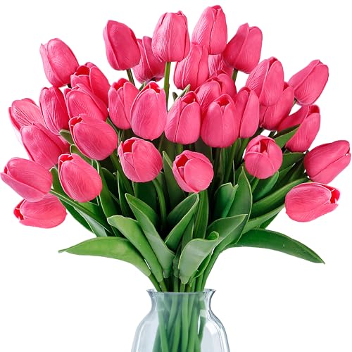 Image of Sggvecsy 30 Pcs Fake Tulips Artificial Flowers Real Touch PU Faux Flowers Tulip Stems for Wedding Spring Bouquet Floral Arrangement Home Party Office Decorations for Mother's Day (Dark Pink)