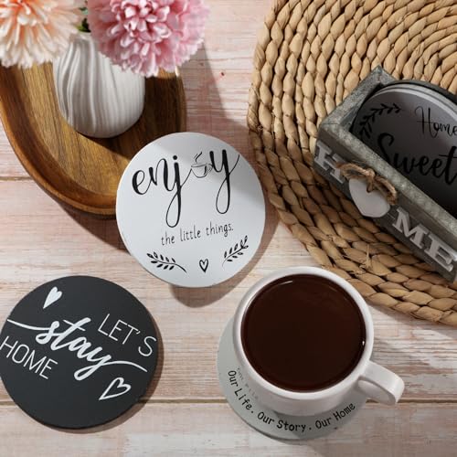 Queekay Coasters Set of 6 House Warming Gifts New Home Wooden Farmhouse Drink Coasters with Holder 4'' Funny Decoration for Kitchen Family Coffee Bar Tabletop Protection(Gray) by Queekay - Image 5