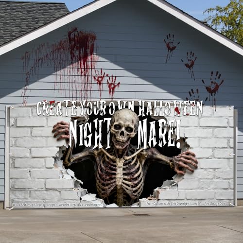 Customizable Halloween Garage Door Cover, Full Coverage Halloween Garage Door Decorations - Add Your Own Image & Text, Large Horror Banner Backdrop for 2-Car Garage, Outdoor Party Decor
