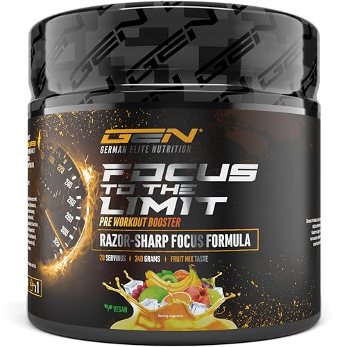 Focus to the Limit - Pre Workout de alta dosis con L-Tirosina + Taurina + Inositol + Extracto de Ginkgo + Citicolina + Rhodiola rosea + Cafeína & Vitaminas - (240 g, sabor Mix de frutas)