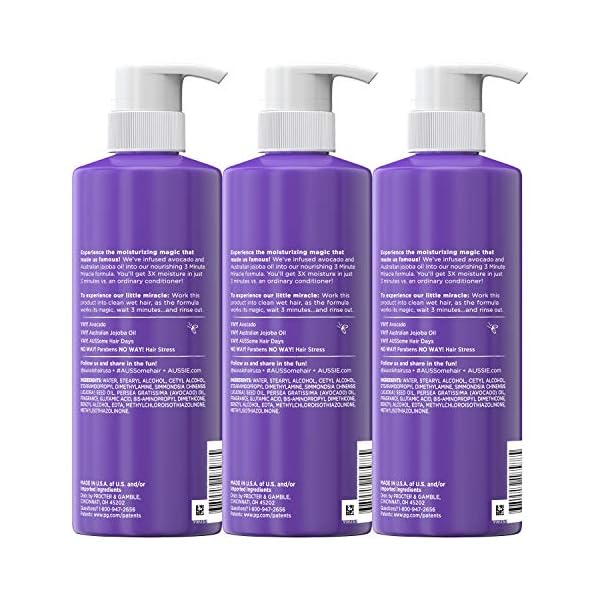Aussie Deep Conditioner For Dry Hair with Avocado, Paraben Free, 3 Minute Miracle Moist, 16 Fl Oz Each, Triple Pack (Packaging May Vary)