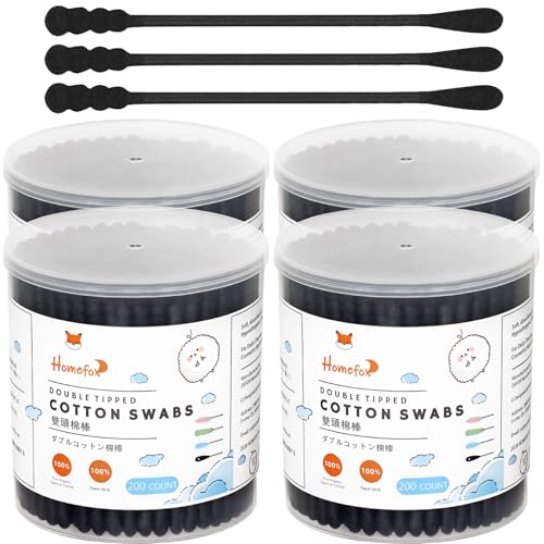 HOMEFOX Black Cotton Swabs Spiral - 800 Count Organic Cotton Buds Double Side Tightly Wrapped Charcoal Cotton Tips Paper Stick Soft Gentle Lint-Free Cruelty-Free Goth Bathroom, Round & Spiral (Black)