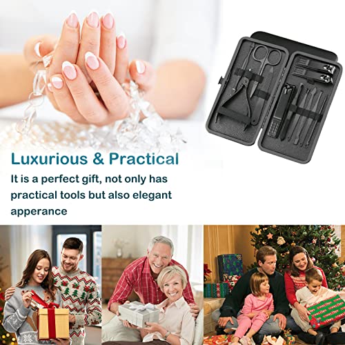 Maniküre Set Nagelknipser Pediküre Set-12pcs Edelstahl Nagelset, Pflegeset Männer, Nagelschere Set Werkzeuge Mit Luxuriöser Reise-Ledertasche Geschenkbox (12, Schwarz)